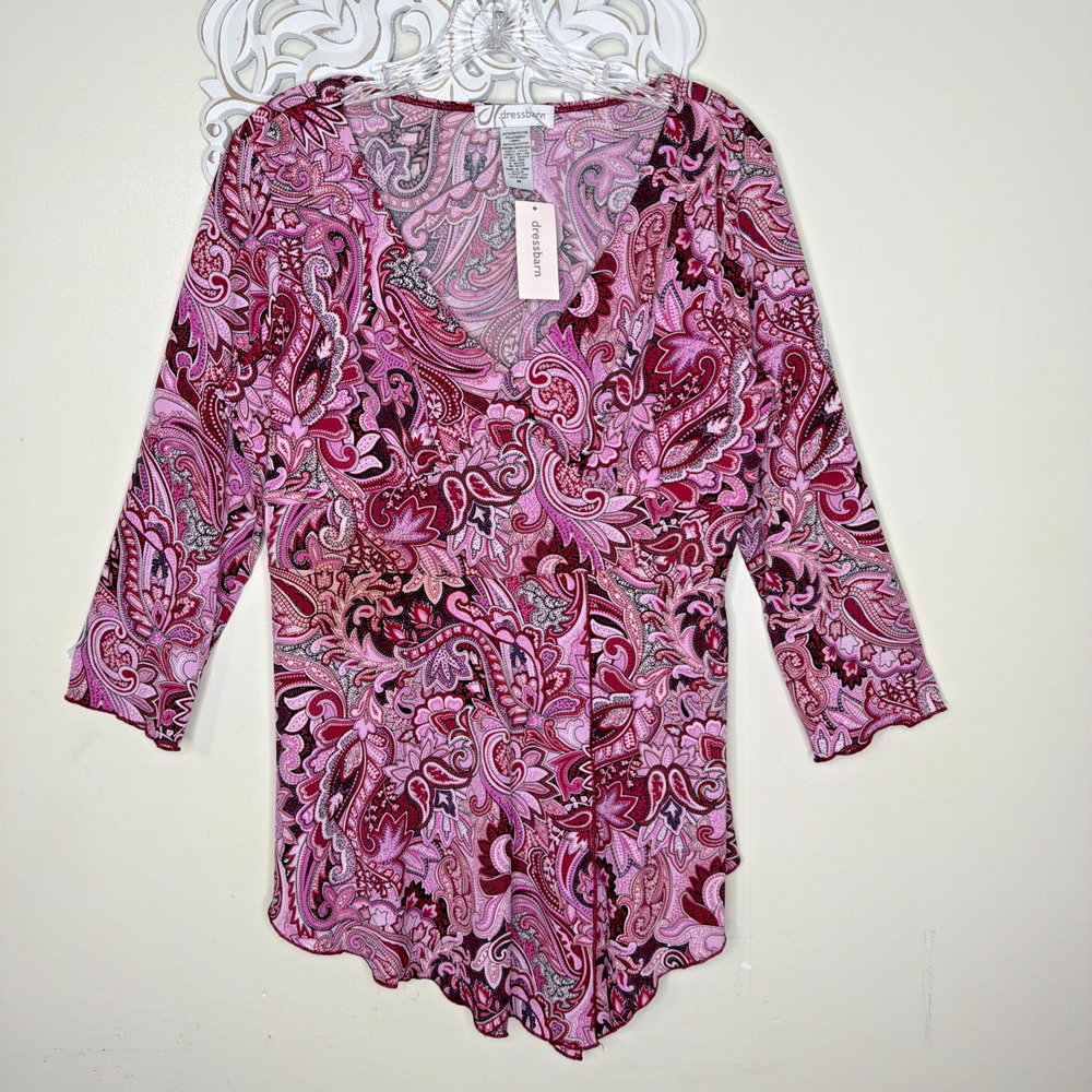 DRESSBARN Women's MEDIUM Paisley Blouse Top V-neck 3/4 Sleeves PINK Rose NWT